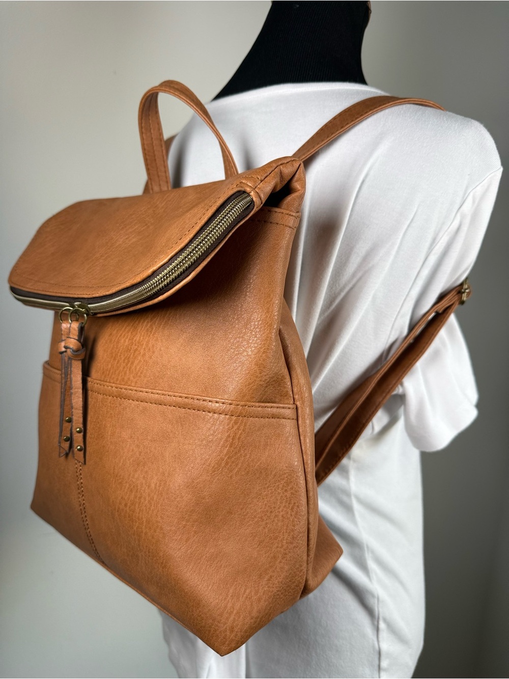Minimalist Tan Faux Leather Backpack Neutral Everyday Travel Bag - Picture 3 of 13